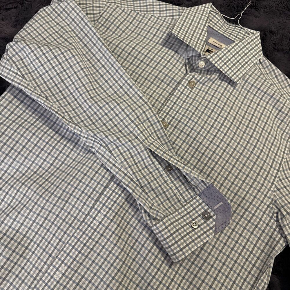Mens Medium Joseph Abboud Blue Gray Plaid Long Sleeve Button Up Dress Shirt